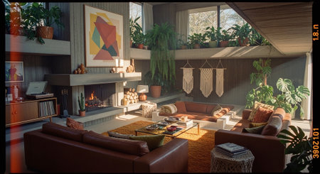Interior of a living room with a fireplace, sofa and pillowsの素材