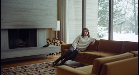 Young woman sitting on sofa in front of fireplace at home in winterの素材