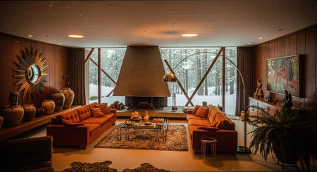 Interior of a hotel lobby with fireplace and armchairs. Nobody insideの素材
