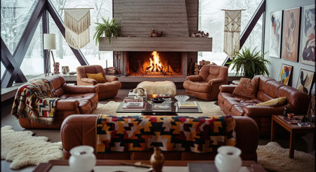 Interior of a cozy living room with a fireplace on the backgroundの素材