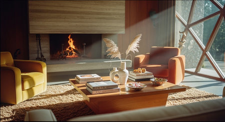 Interior of a living room with fireplace, sofa, books and coffee tableの素材
