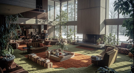 Interior design of modern living room with wooden furniture and plants.の素材