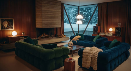 Interior of a living room with a large window overlooking the winter forestの素材