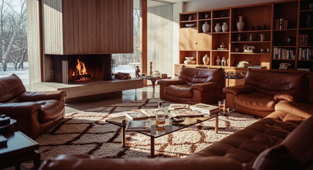 Interior of cozy living room with fireplace and comfortable sofa on carpetの素材