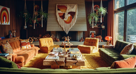 Interior of cozy living room with wooden furniture, coffee table and sofaの素材