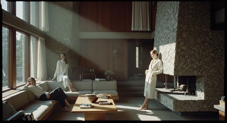 Businessman and businesswoman talking in office lobby. Man and woman sitting on sofa and drinking coffee.の素材