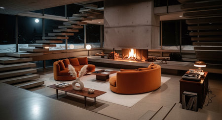 Interior of modern house with fireplace and armchairs. Nobody insideの素材