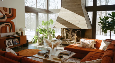 Interior design of modern living room with orange sofa and wooden fireplaceの素材