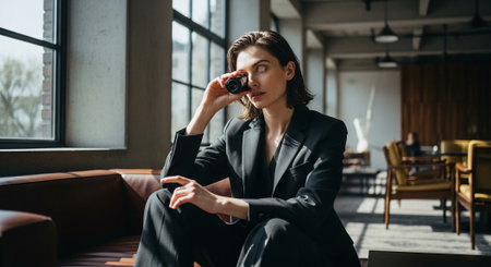 beautiful young woman in suit drinking coffee in cafe and looking awayの素材