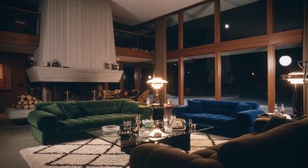 Interior of a modern living room at night with sofasの素材