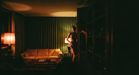 Young woman in a hotel room at night. The girl is standing near the window.の素材