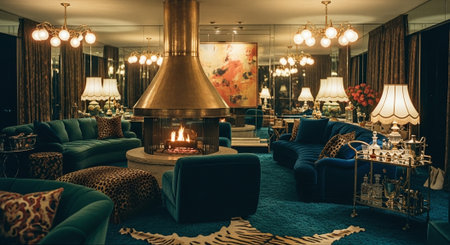 Interior of a hotel room with a fireplace and sofasの素材