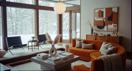 Interior of the living room with orange sofa, armchair, coffee table and decorative elementsの素材