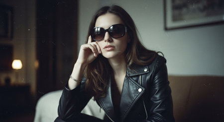 Portrait of a beautiful young woman in a leather jacket and sunglassesの素材