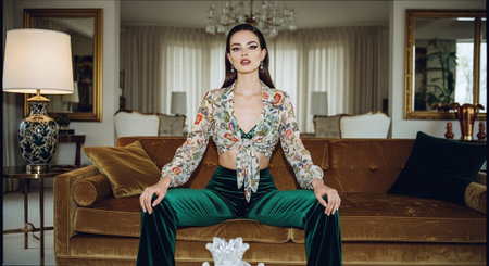 Beautiful young woman sitting on the sofa in the living room.の素材