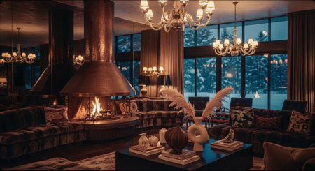 Interior of a luxury living room with fireplace and armchairs.の素材