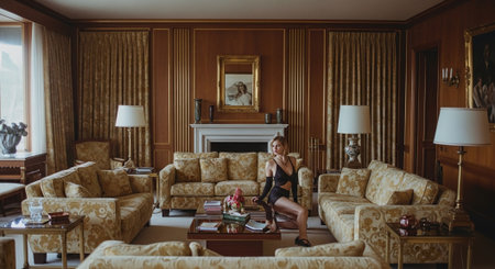 Beautiful young woman in a black bodysuit is sitting on a sofa in a luxury apartment.の素材