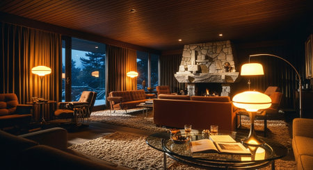 Luxury living room with fireplace, sofa, armchair and book.の素材