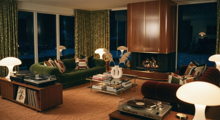 Interior of a living room with a sofa and a vinyl record playerの素材