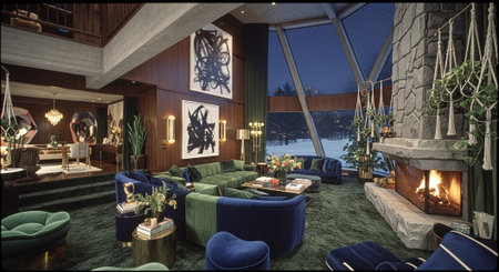 3D rendering of the interior of a hotel room with a fireplaceの素材