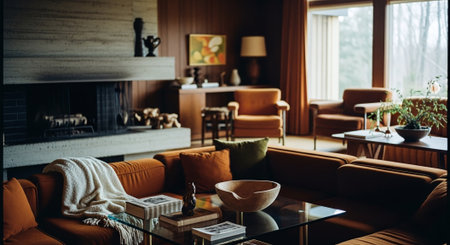 Interior of modern living room with brown sofa, coffee table and bookcaseの素材