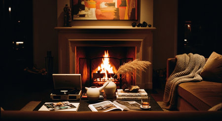 Cozy living room at night with fireplace, books and laptop.の素材