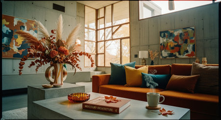 Interior of living room with orange sofa, coffee cup, books and flowersの素材