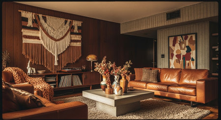 Interior of a living room with brown leather sofa and pillowsの素材