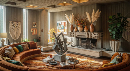 Interior of a living room with a fireplace and a sofa.の素材