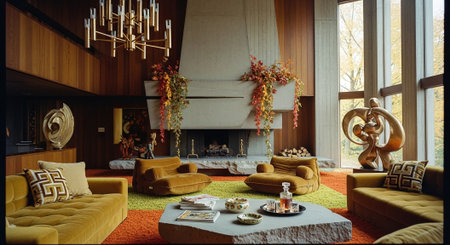 Interior of a living room with a fireplace, sofa and armchairsの素材