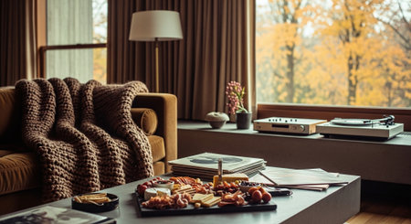 Wooden table with food in the interior of the living room.の素材