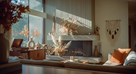 Interior of modern living room with fireplace, wooden furniture and plantsの素材