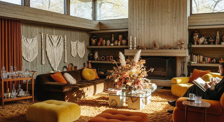 Interior of modern living room with sofa, armchair and fireplaceの素材