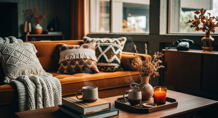 Cozy living room with sofa, coffee cup, candles, books and plaidsの素材