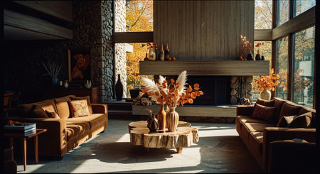 Interior of modern living room with wooden furniture, sofa, armchair, coffee table and autumn leavesの素材