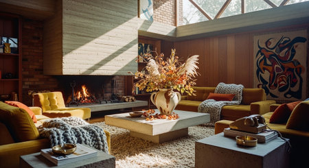 Interior of cozy living room with fireplace, sofa and armchairの素材