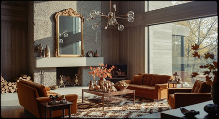 Modern living room with fireplace and armchairs. 3d render.の素材