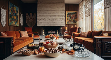 Interior of modern living room with sofa, coffee table and autumn decorationの素材