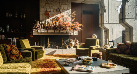 Interior of a living room with armchairs and a fireplace.の素材