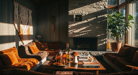 Interior of cozy living room with orange sofa and coffee table.の素材