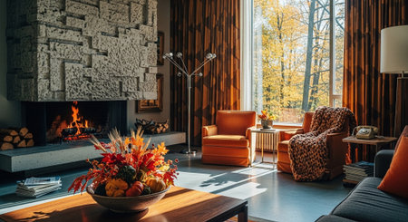 Interior of modern living room with fireplace, orange armchair and wooden furnitureの素材