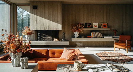 Interior of modern living room with orange sofa, coffee table and decorの素材
