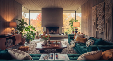 Interior of living room with green sofa, coffee table and fireplaceの素材