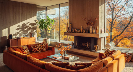 Interior of modern living room with orange sofa and fireplace. 3d renderの素材