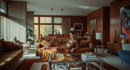 Young man in pajamas relaxing in the living room at homeの素材