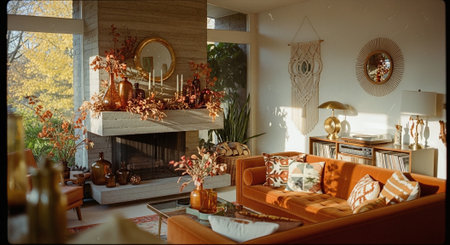 Interior of a living room with a fireplace and orange sofa.の素材