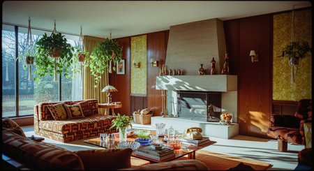 Interior of a living room with a fireplace and a dining areaの素材