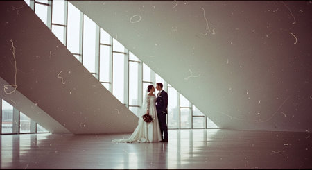 Wedding couple walking in the room with big window and big windowの素材