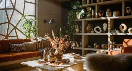 Interior of modern living room with sofa, plants and wooden shelvesの素材