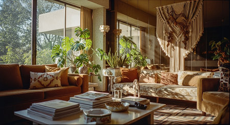 Interior of a living room with sofa, coffee table and plantsの素材